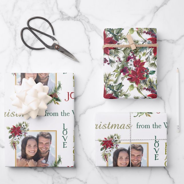Poinsettia Photo Template Love Peace Joy Christmas Wrapping Paper Sheets (Front)