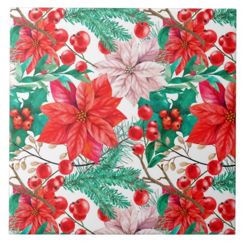 Poinsettia Pine Boughs and Red Berries   Ceramic Tile