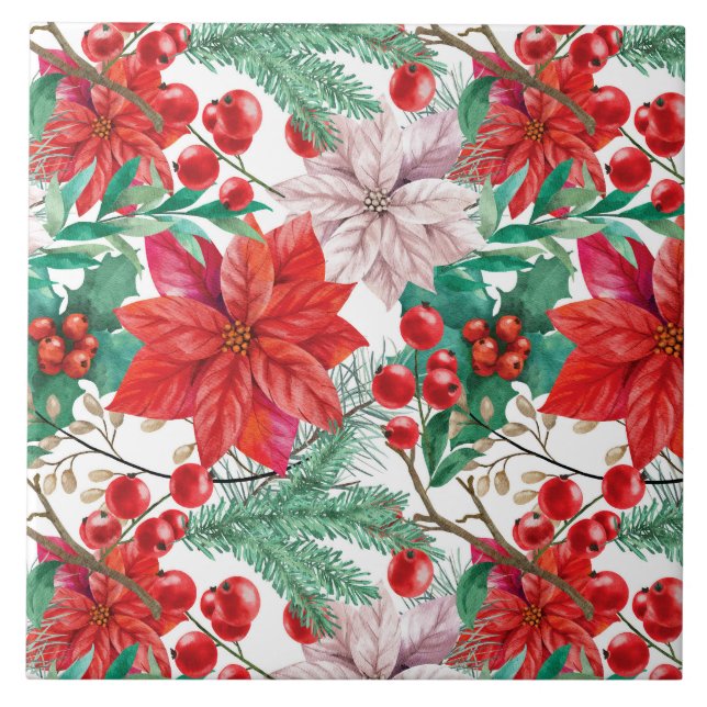 Poinsettia, Pine Boughs and Red Berries   Ceramic Tile (Front)
