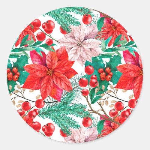 Poinsettia Pine Boughs and Red Berries    Classic Round Sticker