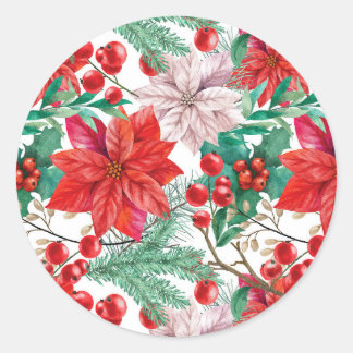Poinsettia, Pine Boughs and Red Berries Classic Round Sticker