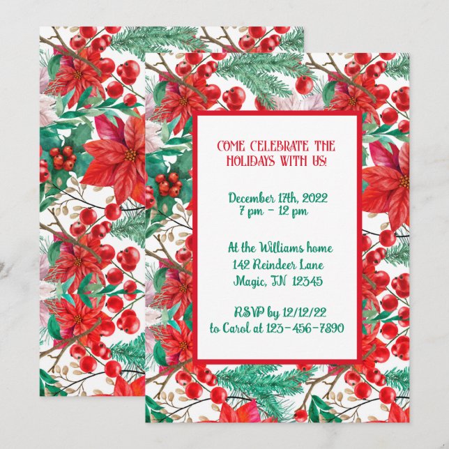 Poinsettia, Pine Boughs and Red Berries  Invitation (Front/Back)