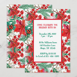 Poinsettia, Pine Boughs and Red Berries Invitation