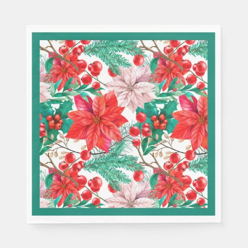 Poinsettia Pine Boughs and Red Berries Napkins