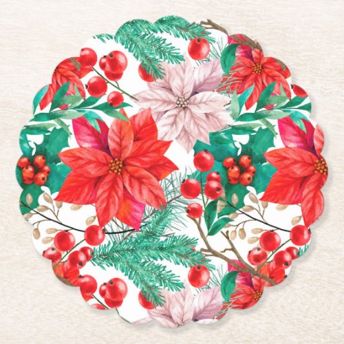 Poinsettia Pine Boughs and Red Berries  Paper Coaster