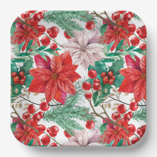 Poinsettia, Pine Boughs and Red Berries Paper Plates