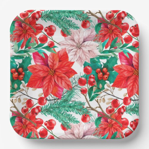 Poinsettia Pine Boughs and Red Berries   Paper Plates