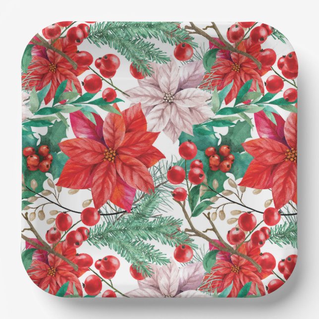 Poinsettia, Pine Boughs and Red Berries   Paper Plates (Front)