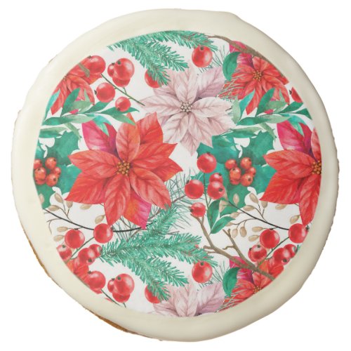 Poinsettia Pine Boughs and Red Berries   Sugar Cookie