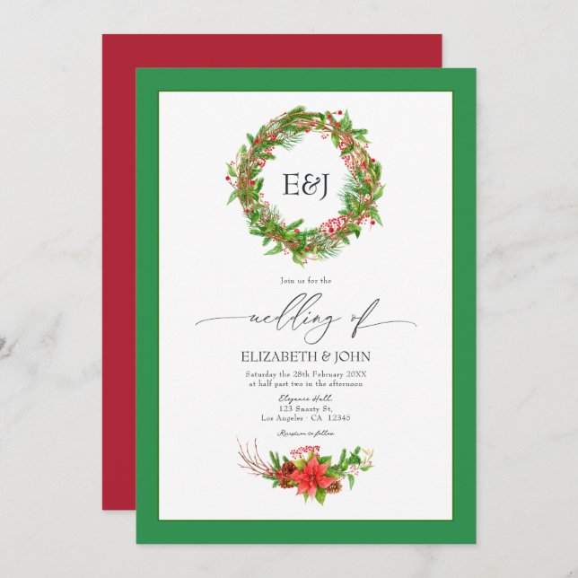 Poinsettia & Pine Christmas Wedding Charm QR Code Invitation (Front/Back)