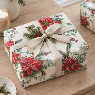 Poinsettia Pine Cone Holiday Gift Wrap