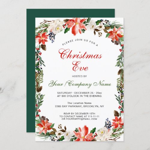 Poinsettia Pine Cones Branch Christmas Eve Party Invitation