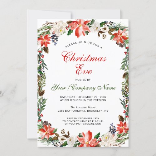 Poinsettia Pine Cones Branch Christmas Eve Party Invitation