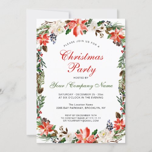 Poinsettia Pine Cones Branch Christmas Eve Party Invitation