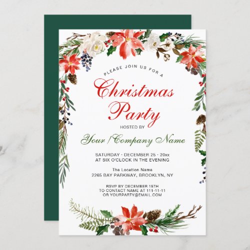 Poinsettia Pine Cones Branch Christmas Party Invitation