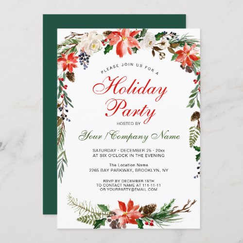 Poinsettia Pine Cones Branch Holiday Party Invitation