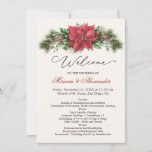 Poinsettia Pine Cones Holly Wedding Program<br><div class="desc">Wedding at Christmas time. Wedding program - this design features a watercolor Poinsettia with an arrangement of mistletoe,  pine branchlet,  pine cones,  holly and sleigh bells. The background color (front and back) can be changed.</div>