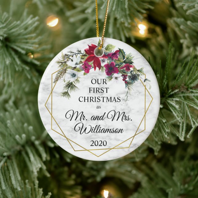 Poinsettia Pine Gold Frame 1st Christmas Married Ceramic Ornament (Tree)