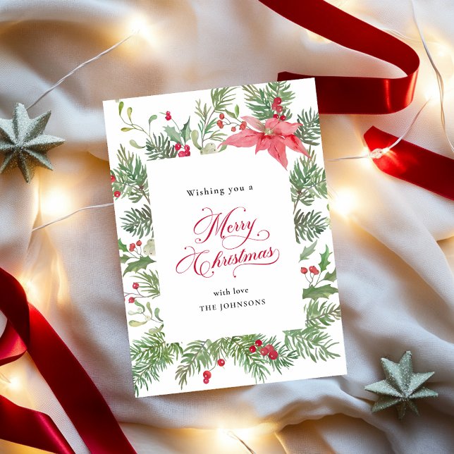 Poinsettia, Pine & Holly Botanical Christmas Holiday Card (Creator Uploaded)