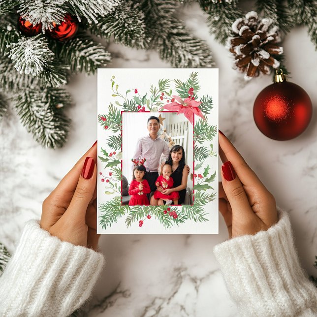 Poinsettia, Pine & Holly Botanical Photo Christmas Holiday Card (Creator Uploaded)
