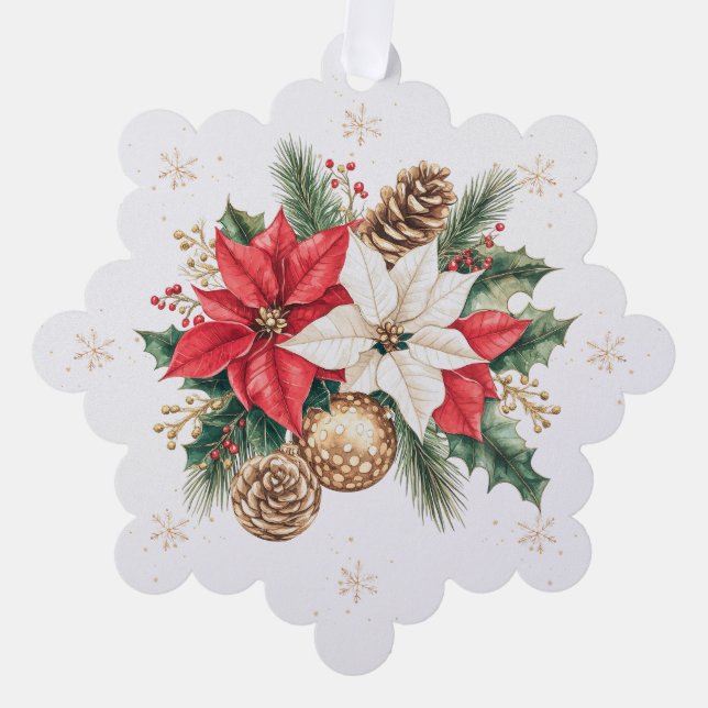 Poinsettia Pine Holly Christmas Photo Ornament Card (Front)
