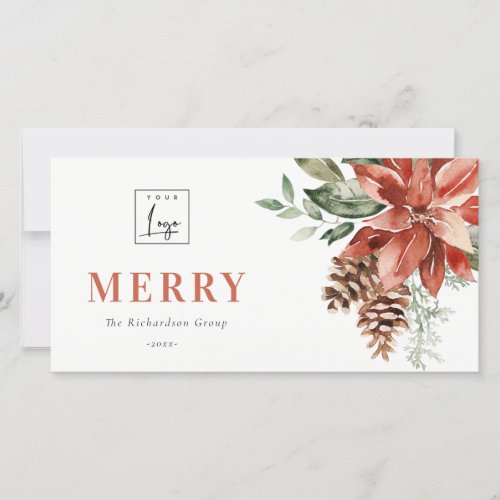  Poinsettia Pine Merry Christmas Logo Business Holiday Card