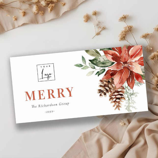  Poinsettia Pine Merry Christmas Logo Business Holiday Card (Creator Uploaded)