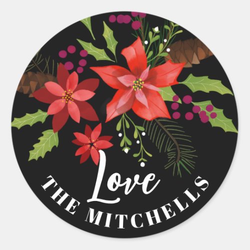 Poinsettia Pine Mistletoe Holly Christmas Classic Round Sticker