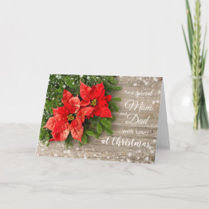 Poinsettia, pine on wood Christmas Mom and Dad Holiday Card