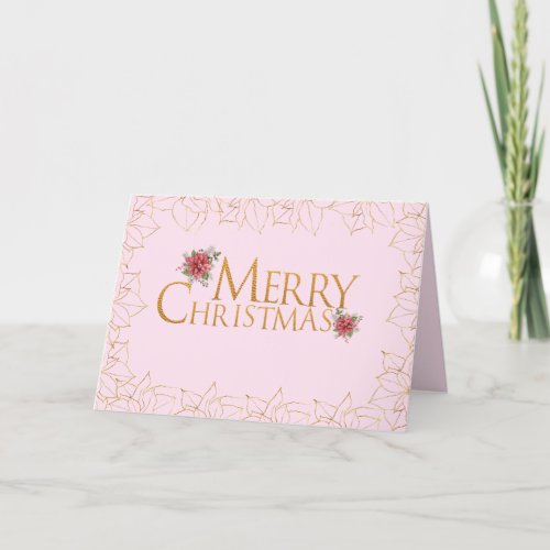 Poinsettia Pink Gold Vintage Floral Watercolor Holiday Card