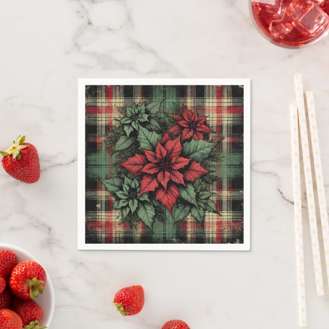 Poinsettia Plaid Fabric Grunge Art Decoupage Napkins (Insitu)
