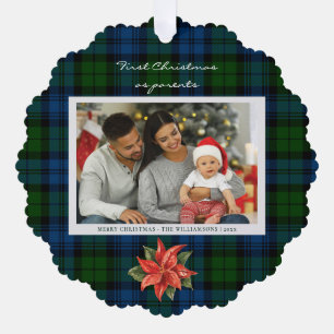Poinsettia Plaid Family Photo Christmas Tartan Ornament Card