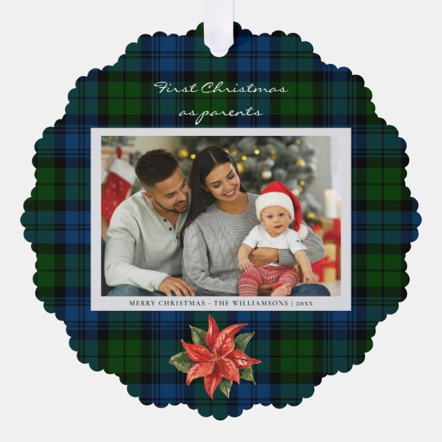 Poinsettia Plaid Family Photo Christmas Tartan Ornament Card (Front)