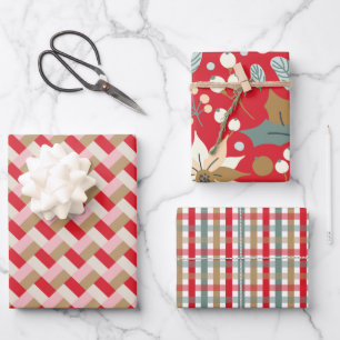Poinsettia plaid red background winter holiday wrapping paper sheets
