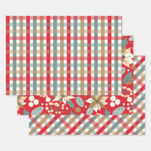 Poinsettia plaid red background winter holiday wrapping paper sheets