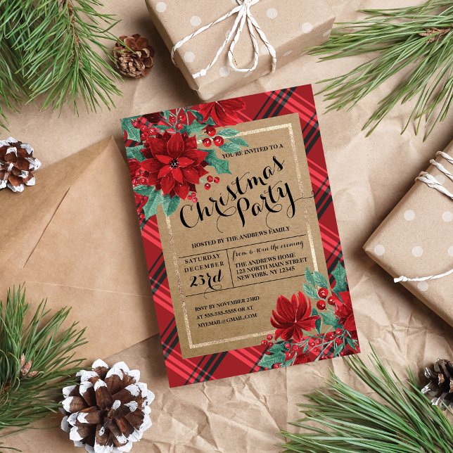 Poinsettia Plaid Tartan Kraft Rustic Christmas Invitation (Creator Uploaded)