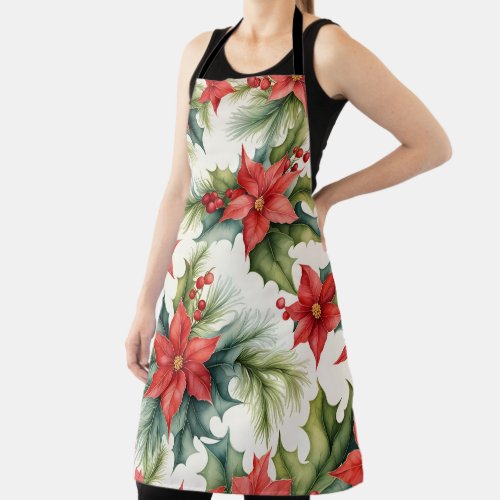 Poinsettia Plants and Holly Berries Christmas Apron
