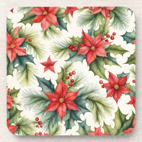 Poinsettia Plants and Holly Berries Christmas Beverage Coaster