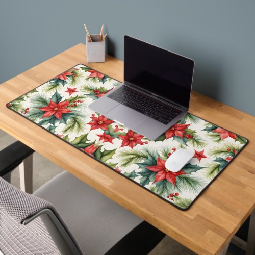 Poinsettia Plants and Holly Berries Christmas  Desk Mat