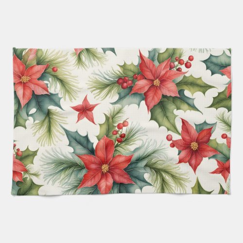 Poinsettia Plants and Holly Berries Christmas  Kitchen Towel