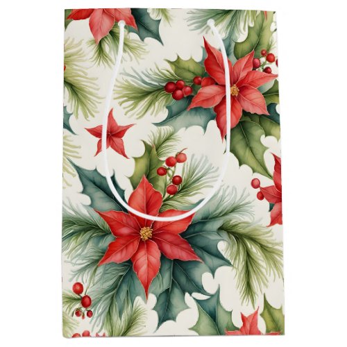 Poinsettia Plants and Holly Berries Christmas  Medium Gift Bag