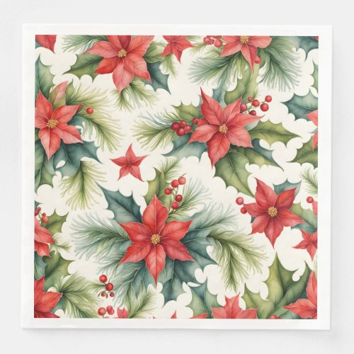 Poinsettia Plants and Holly Berries Christmas  Paper Dinner Napkins