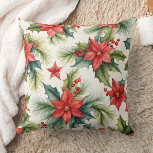 Poinsettia Plants and Holly Berries Christmas Throw Pillow