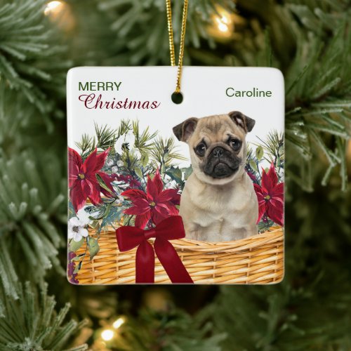 Poinsettia Pug Dog Christmas Basket Ceramic Ornament