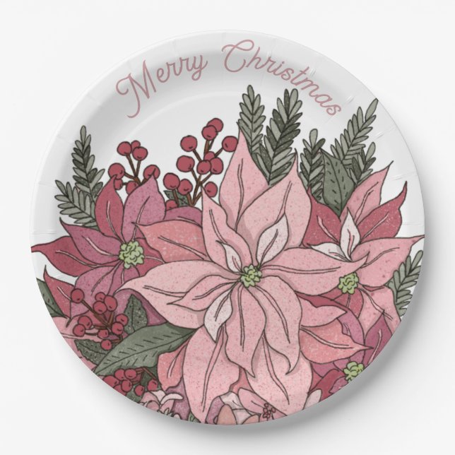 Poinsettia Rabbit Merry Christmas Paper Plates (Front)