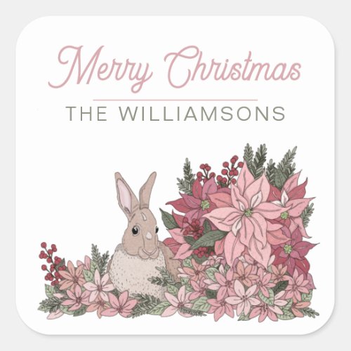 Poinsettia Rabbit Merry Christmas Pink Square Sticker