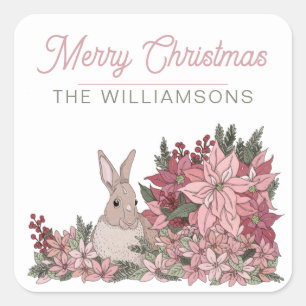 Poinsettia Rabbit Merry Christmas Pink Square Sticker