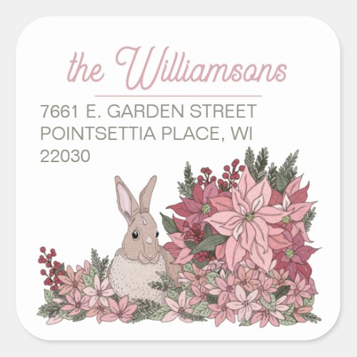 Poinsettia Rabbit Merry Christmas Return Address Square Sticker