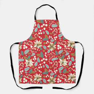 Poinsettia red background winter holiday apron