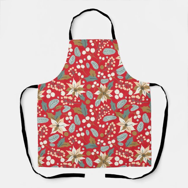 Poinsettia red background winter holiday  apron (Front)
